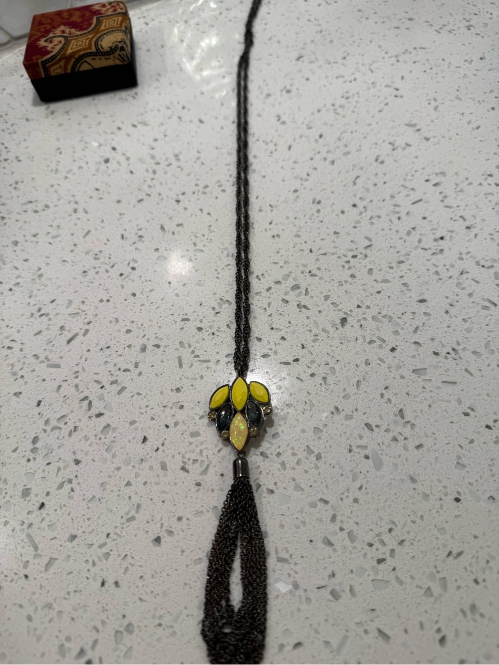 Vintage Black Multi Strand Lariat Style Yellow Stone Pendant Tassel Necklace 30